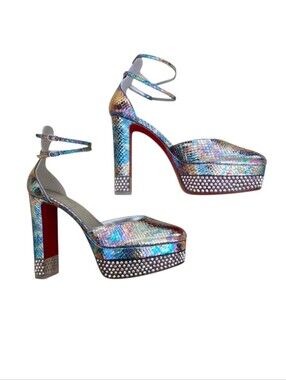 Christian Louboutin Cassandrinetta Alta Silver Crystal Platform Heels 37 US 7